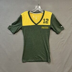Green Bay Packers Shirt Women's XS Green Aaron Rodgers #12 Distressed V-Neck